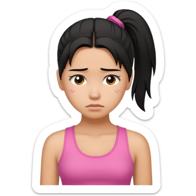 A tan girl with black hair in a ponytail. Wearing a pink tank top. Looking sad sticker