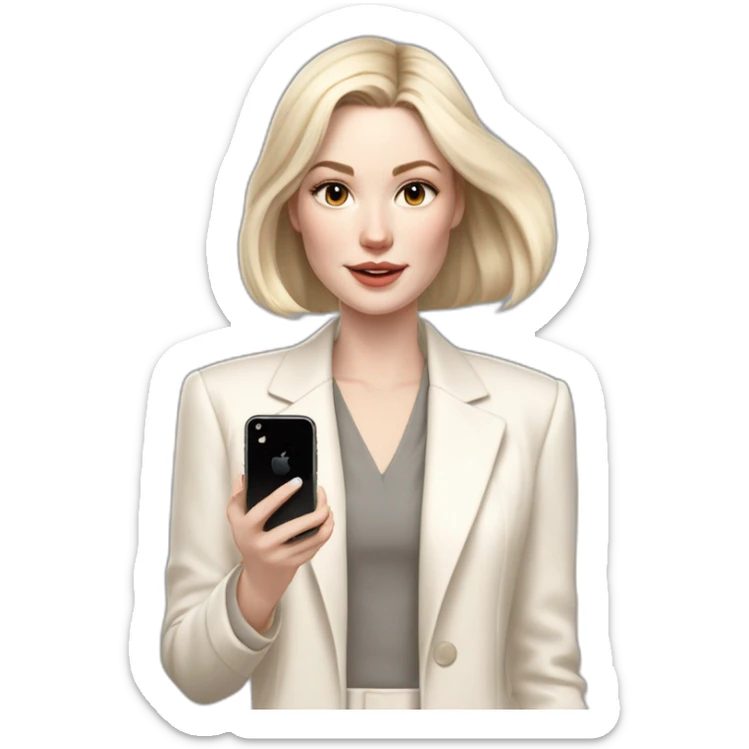 pale skin woman with ash blonde Straightened bob Hair, White Spacious classical jacket, beige palazzo Arrow pants and gray blouse holding white IPhone 14 pro in the hands sticker