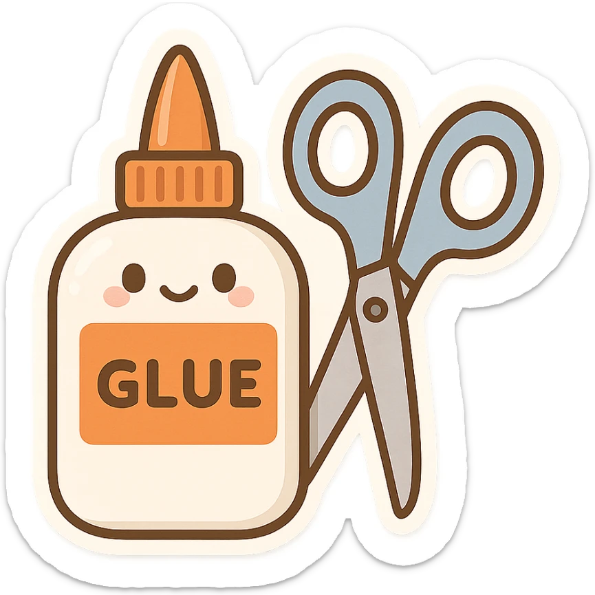 bottle of glue with orange label and tip and a pair of blue scissors, flat toon vector illustration, kawaii minimal sticker