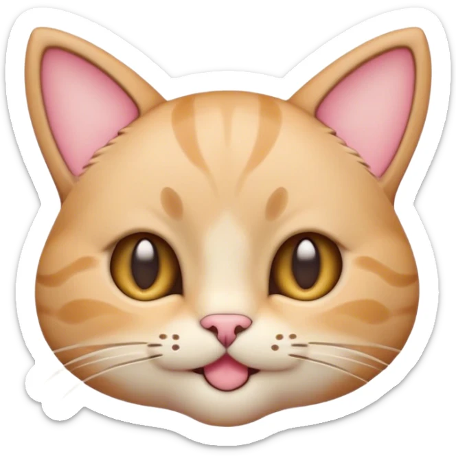 A cute, round-edged, and minimalist emoji design. The focus is on an adorable, cartoon-like cat face. The cat should have a slight smile, bright and large eyes. Its fur should be short and smooth, preferably in pastel tones. The ears should be slightly perked up, giving a friendly expression. The background should be simple and plain, ensuring a clear and sharp design suitable for emoji use. To make it unique for the name 'Cansahbaz,' a small but distinctive detail can be added, such as a tiny paw print on the ear or a mustache curl in the shape of the letter 'C'. sticker