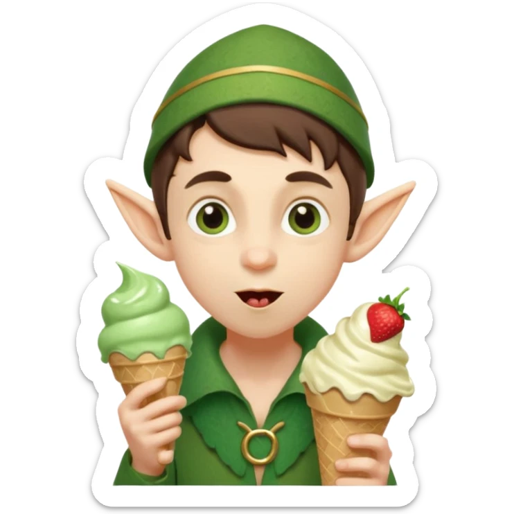 
A young elf boy in leafy clothes licking a triple-scoop ice cream with wide eyes.

 sticker