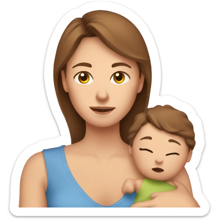  tired caucasian mother with brown hair holding newborn baby sticker