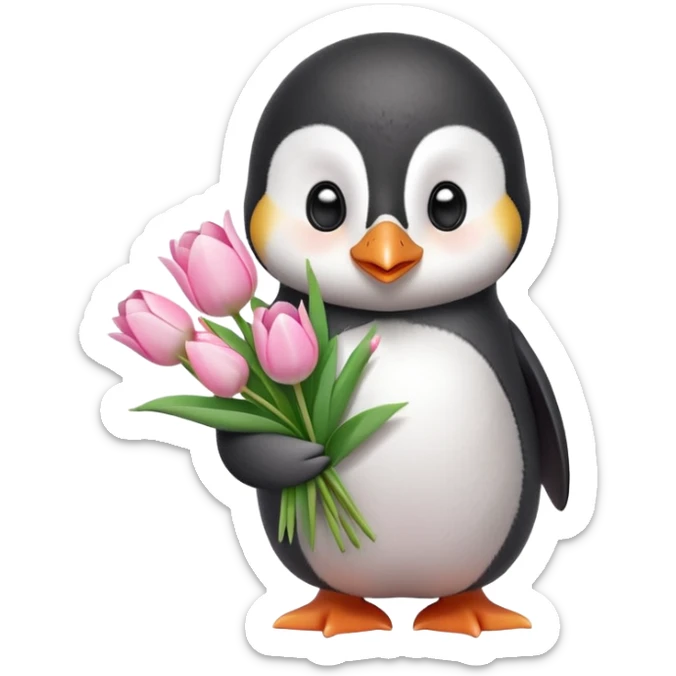 Cute baby penguin holding flower bouquet wraped in white paper and all flowers tulips in pink colour sticker