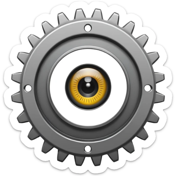 Minimalist emoji-style sticker of a mechanical gear with a realistic eye in the center. Flat graphic icon in grayscale. sticker