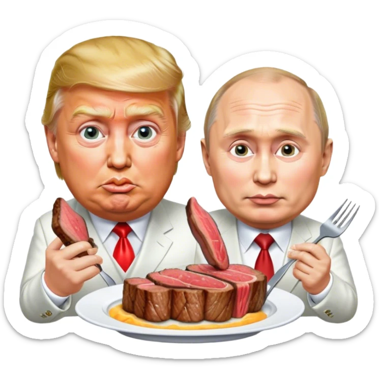 photorealistic Donald Trump and Putin eating a steak shaped like an piece of landemoji sticker