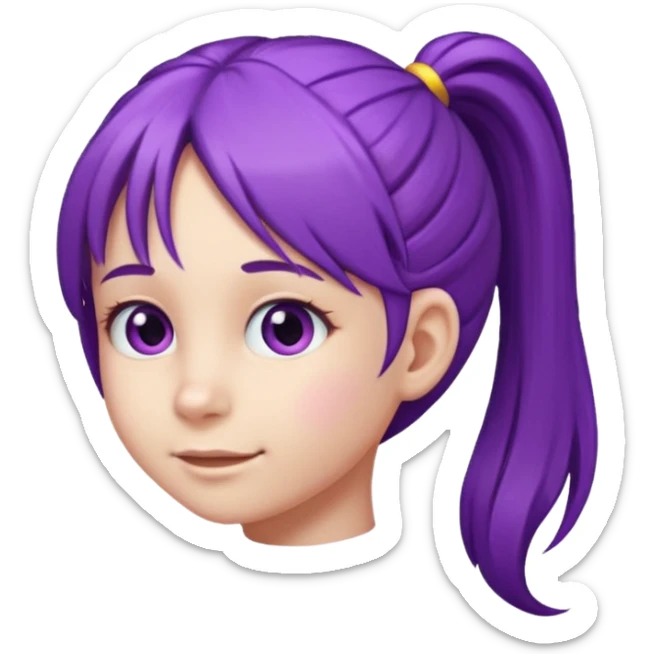 5-year-old girl with long purple hair arranged in one long ponytail starting from the forehead and going backward to the back, emoji style sticker