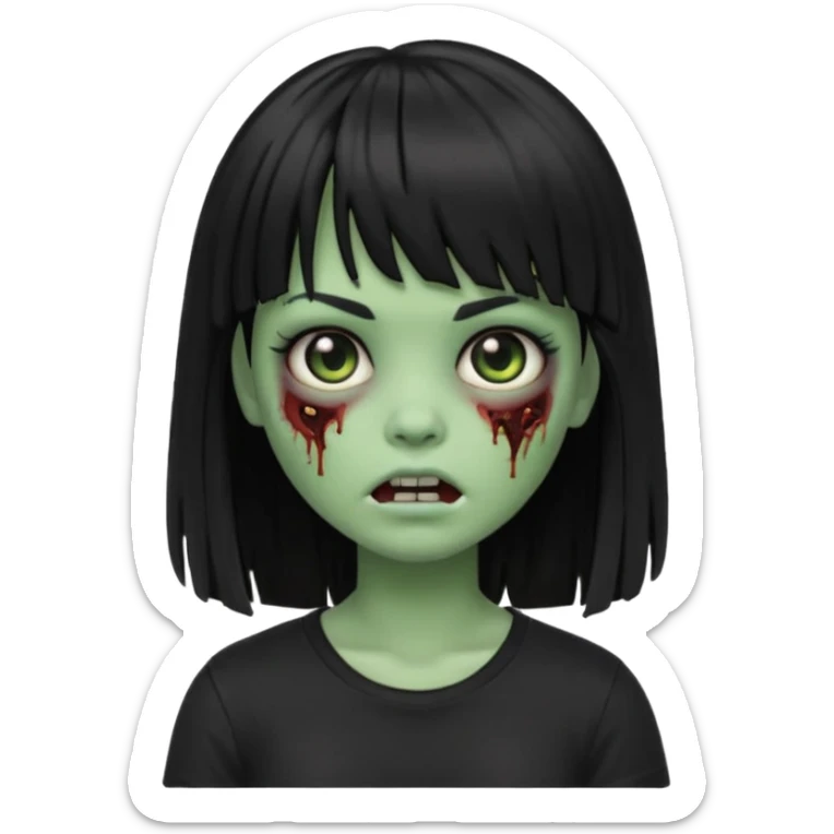 A zombie girl in Apple Memoji format with the longest, straight black hair with bangs, wearing a black shirt. sticker