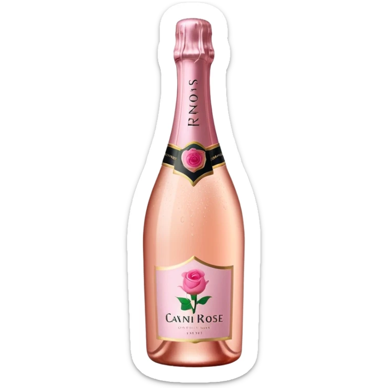 bottle of sparkling rosé champagne with a rose logo on the label, tilted up and to the left, no glass sticker