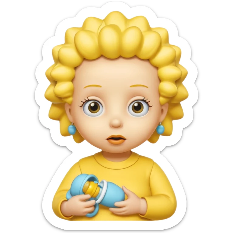 A 3D cartoon baby character fully yellow skin, styled like Maggie Simpson, with pacifier, big eyes, smooth shading, Memoji-style rendering, consistent with other yellow Simpsons characters. sticker