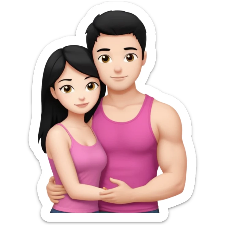 a pretty bratz fair girl. black hair, wearing a pink cami top hugging a handsome fair guy with black hair. lean but muscular who is wearing a black tshirt sticker