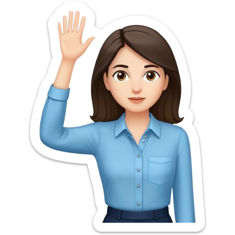 female smart light blue blouse, dark trousers, shoes. one hand raised above her head sticker