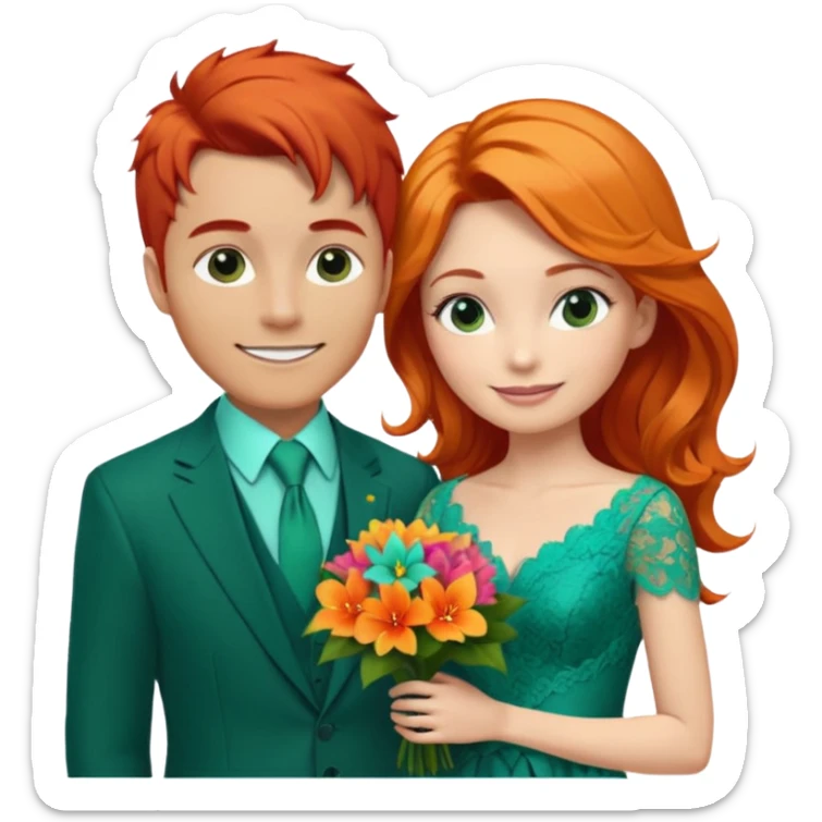  The man, with red hair, wears a dark green suit with a green tie and an orange boutonnière. The woman, with blonde hair, wears a turquoise ballgown with lace details and holds a colorful tropical bouquet. They smile at each other.  sticker