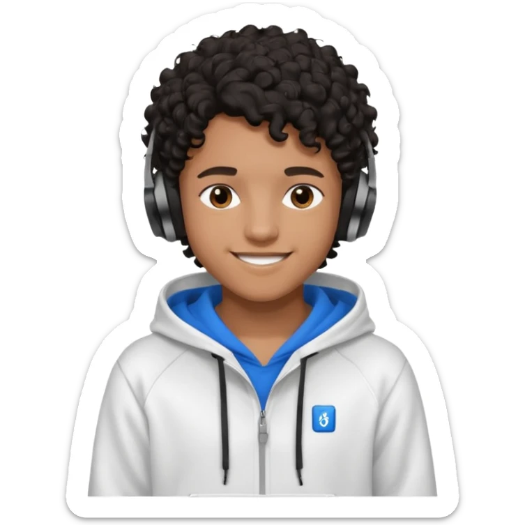 Faça um garoto adolescente de cabelo cacheado preto médio sorrindo, com fones de ouvido Bluetooth e um moletom branco sticker