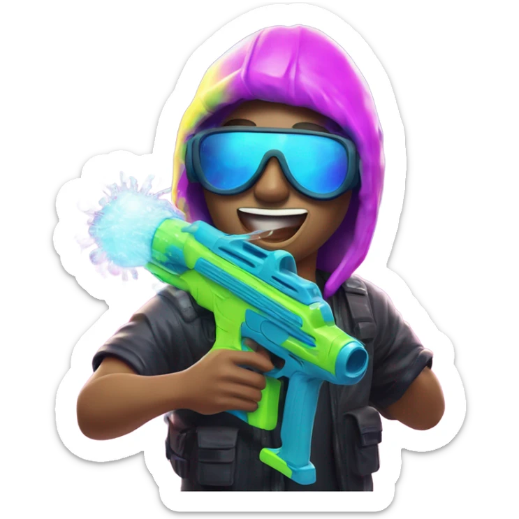 Caucasian boy in glowing rave outfit with mask, sunglasses, and headgear, shooting bubbles out of a water gun sticker