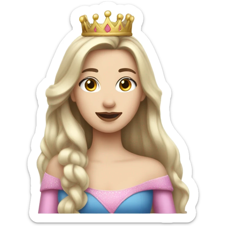 Princess- Fair skin- Long dark hair- crown- blue dress- pink lips sticker