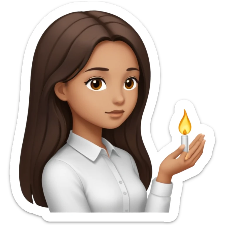 Feminine girl with light brown skin, dark straight long hair and dark eyes, wearing a white shirt, profile picture style sticker