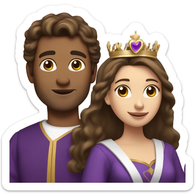 Caucasian long  brunette woman wearing formal royal purple robes and a crown whose face shows hearts to the man she adores  sticker