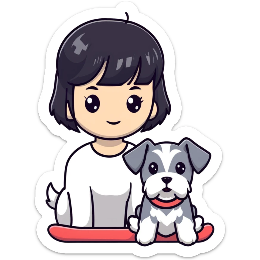 Girl with short black hair and bangs holding a white schnauzer dog sticker