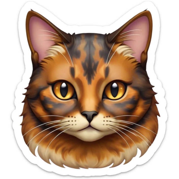 Cinematic Noble Tortoiseshell Cat Portrait Emoji, Poised and dignified, showcasing a luxurious, mottled fur of rich browns and blacks, with elegantly arched whiskers and a determined yet gentle expression, simplified yet meticulously detailed, glowing with a subtle, regal radiance, high shine, embodying quiet nobility and refined charm, soft glowing outline, capturing the essence of a sophisticated tortoiseshell cat exuding quiet authority! sticker