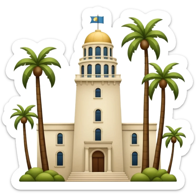 California Tower and the Museum of Us in San Diego, apple style emoji, simple, no text, white background, include palm trees, inspired by reference photo, version 2 sticker