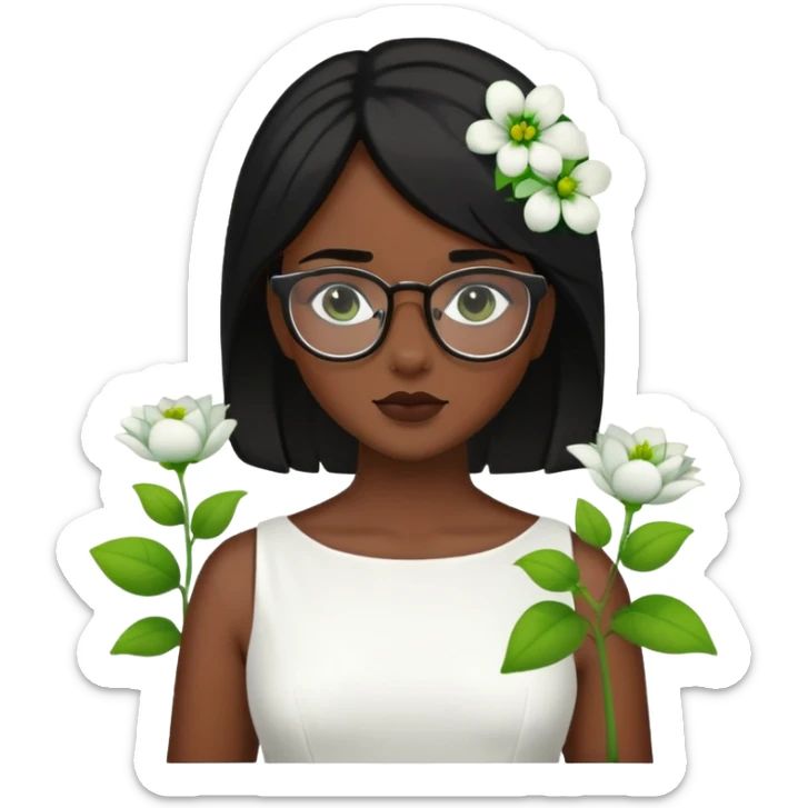 Genera a una chica morena de piel con pelo negro y lentes con vestido blanco y con flores verdes.  sticker