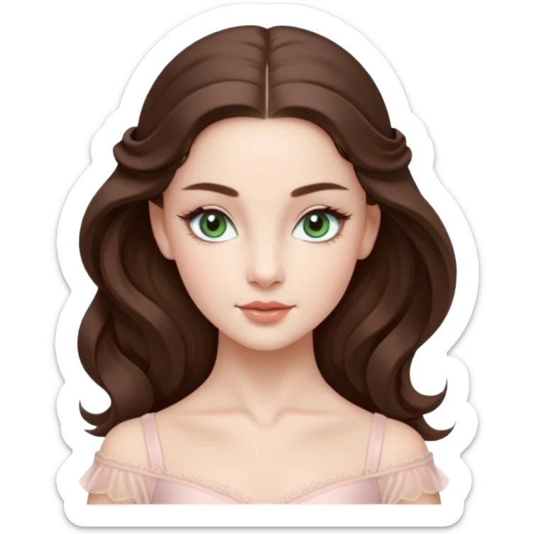 Cinema Realistic Ballerina Portrait, with porcelain-like skin featuring a natural rosy flush, illuminated by soft lighting that highlights the gentle contours of her face. Her Brunette hair flows in soft.Her deep green light eyes radiate framed by arched brows and long lashes. sticker