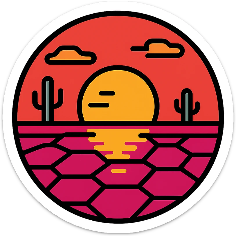 icon style of sunset in Uyuni desert, red sky and salt flat, reflecting sunset, calm and beautiful atmosphere sticker