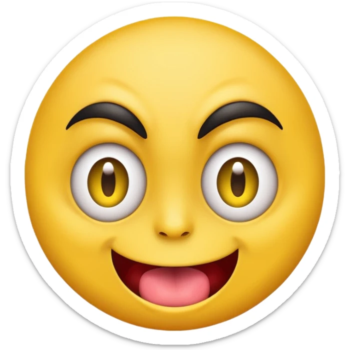 A yellow round face emoji smirking with its tounge out but the eyes are evil and kind of crazy and the eyebrows are turned  sticker