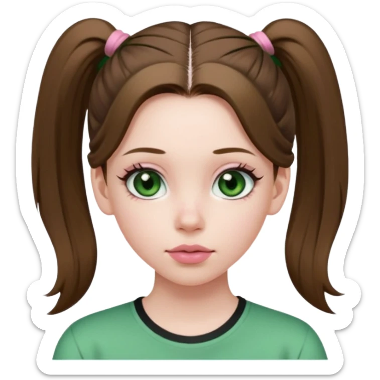 create an emoji of a young woman. She has a nice look, with long brown hair in a single ponytail with a hair tie, dark green eyes, pale skin, natural soft pink lips. she wears a green y2k top sticker