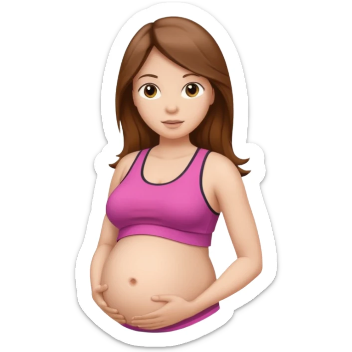 "Pregnant woman with visible belly skin, wearing sportswear, with long brown hair and fair skin."
 sticker
