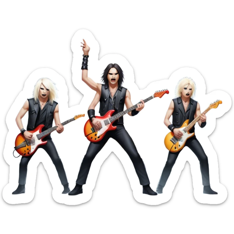 Icon for Heavy Metal Music: 4 men band on stage with electric guitars, drums and intense lighting. 4 Musicians headbanging, surrounded by energy and stage effects, capturing the power and intensity of a metal concert. Transparent background. sticker