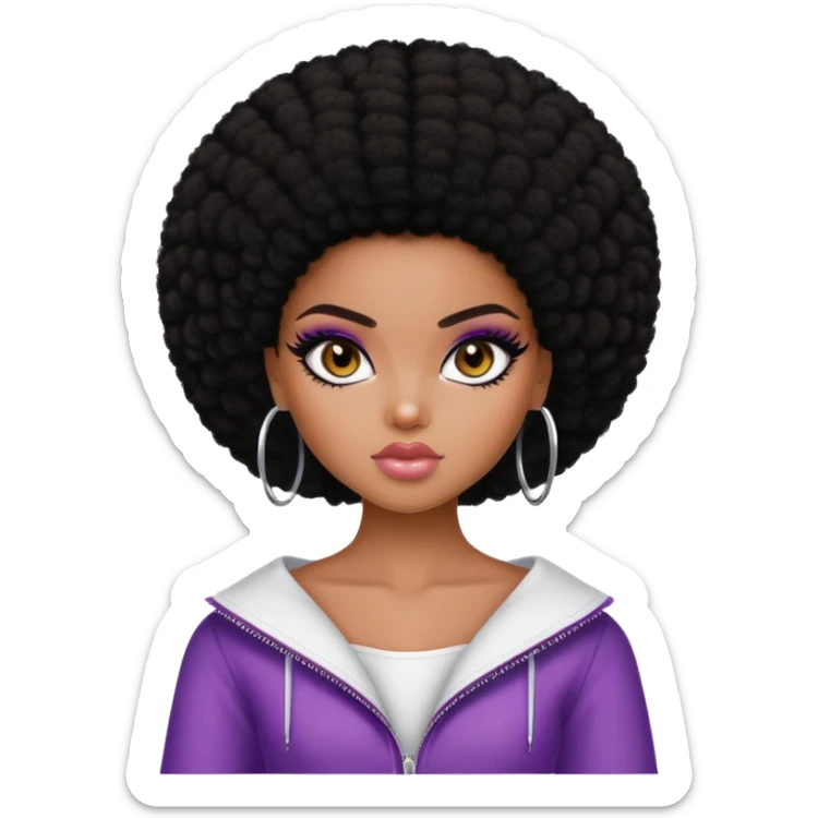 pretty bratz girl, dark black afro, dark brown eyes, y2k fashion, black eyeliner, deep brown skin sticker