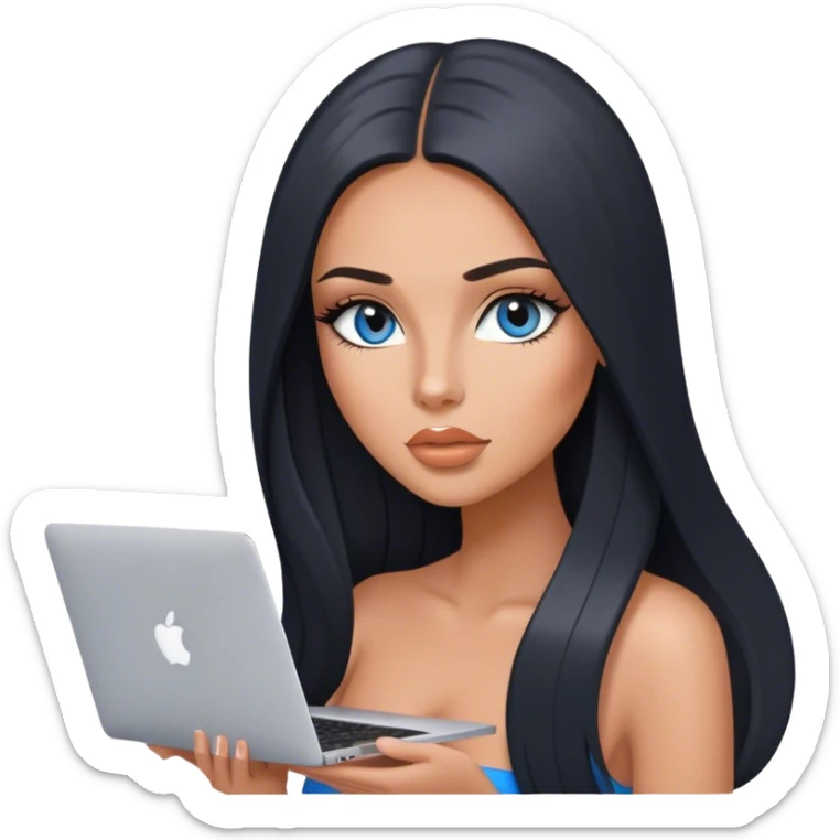 Glamours tanned very beautiful girl with pump peach nude lips and black straight smooth long hair, blue-grey eyes with MacBook sticker
