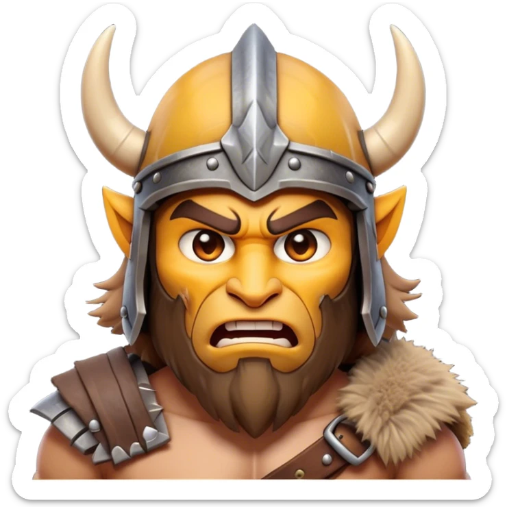 Clash of Clans aesthetic: Cinematic Fierce Barbarian Portrait Emoji, Poised and bold with a rugged yet cartoonish build in tattered furs and a horned helmet, his face rendered in a natural skin tone (not yellow), expressive bright eyes and a confident smirk, Simplified yet dynamic features, highly detailed, glowing with a vivid, adventurous aura, high shine, heroic and spirited, stylized with an air of medieval warrior charm, focused and energetic, soft glowing outline, capturing the essence of a fearless barbarian adventurer ready to lead his clan with spirited valor! sticker