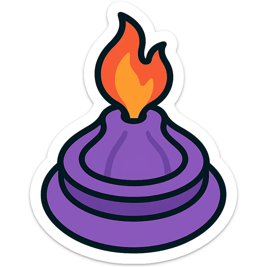 sliced onion stacked to look like a volcano with fire erupting from the top sticker