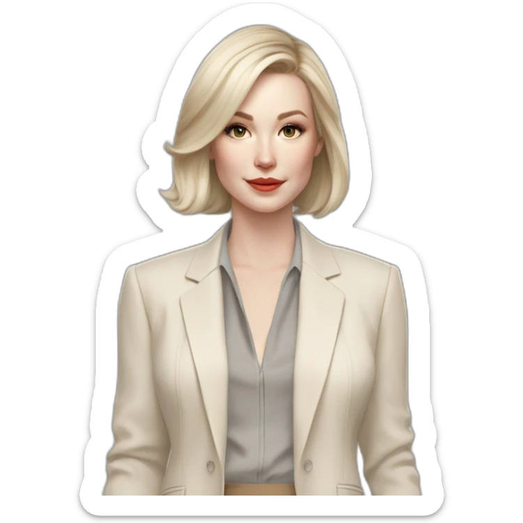 pale skin woman with ash blonde Straightened bob Hair, White Spacious classical jacket, beige palazzo Arrow pants and gray blouse holding a color palettes in the hands sticker