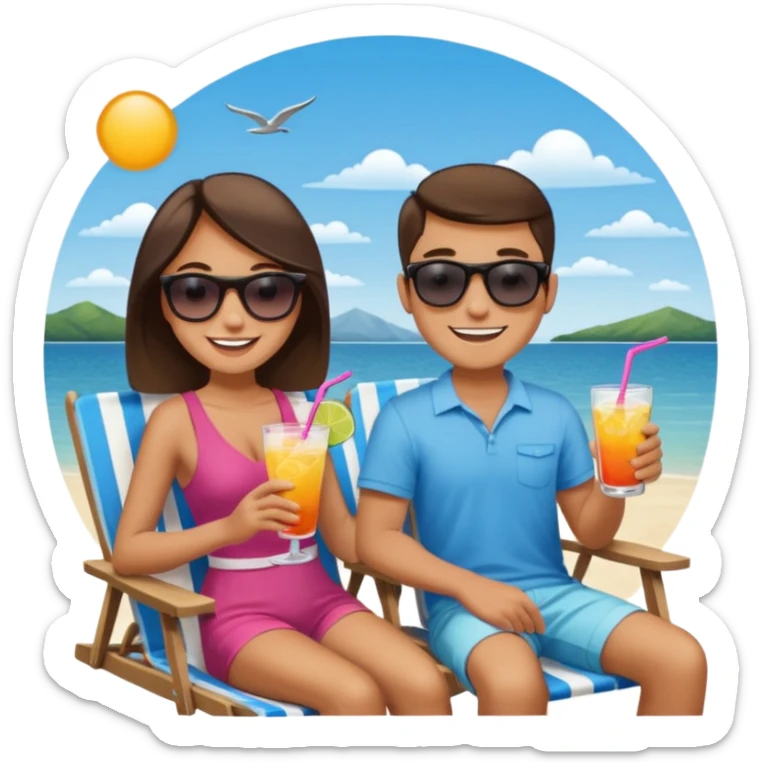 Use this image to design the faces of a young man and woman sitting in beach chairs talking with drinks in their hands on a lake dock  sticker