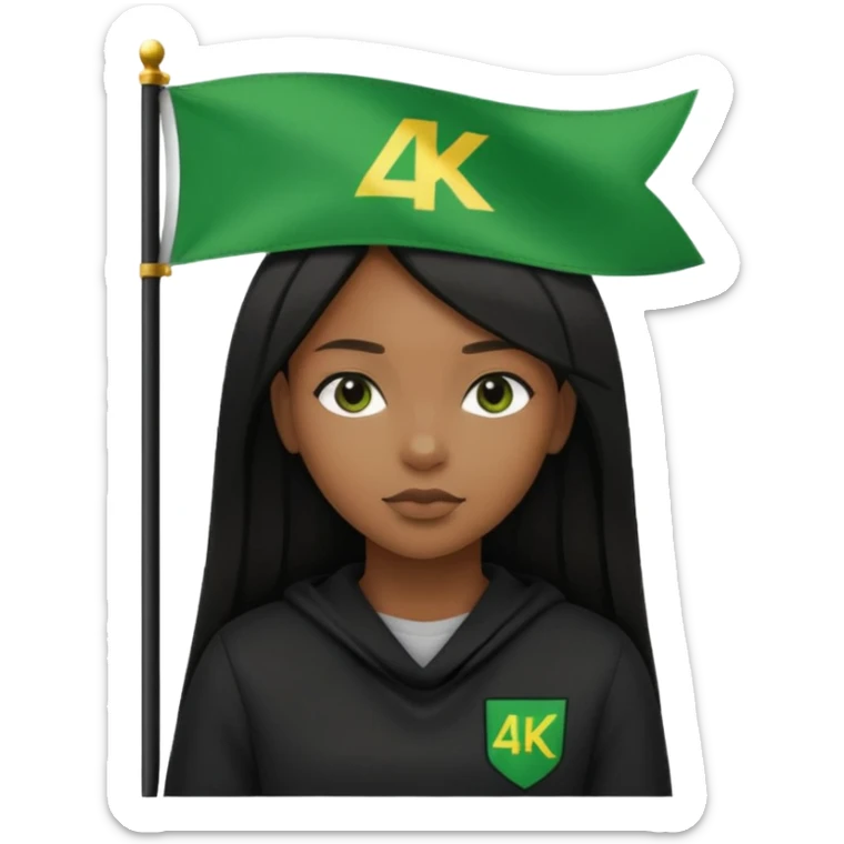 Black girl with straight hair with a green flag on her head that says 4kt on top of it with all black clothes on  sticker