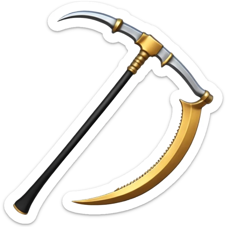 The scythe of the God of Death, a symbol of death, is long and straight, entirely in deep black. sticker