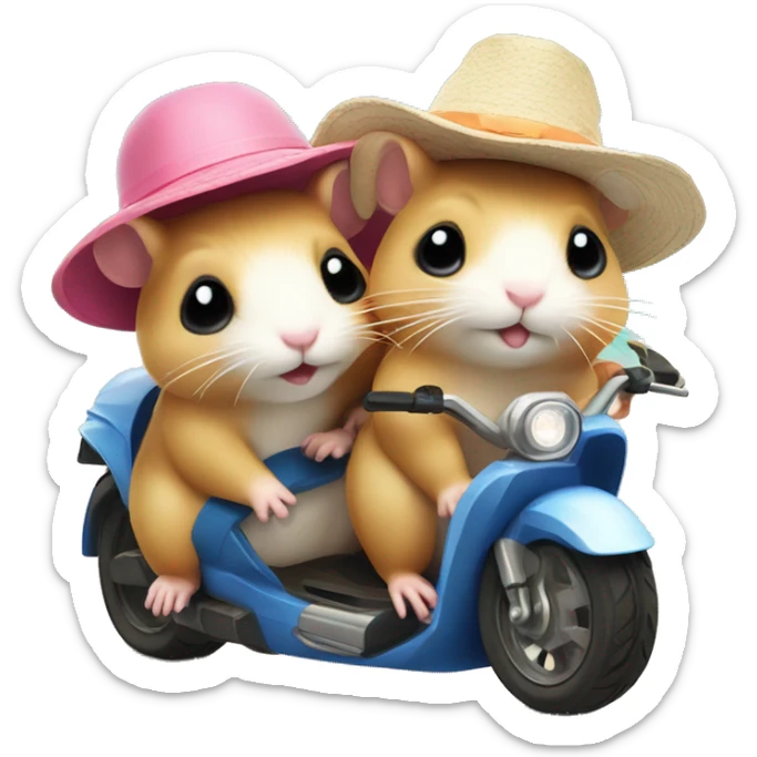 Two hamsters wearing swimwear and sun hat driving by motorbike on the beach sticker