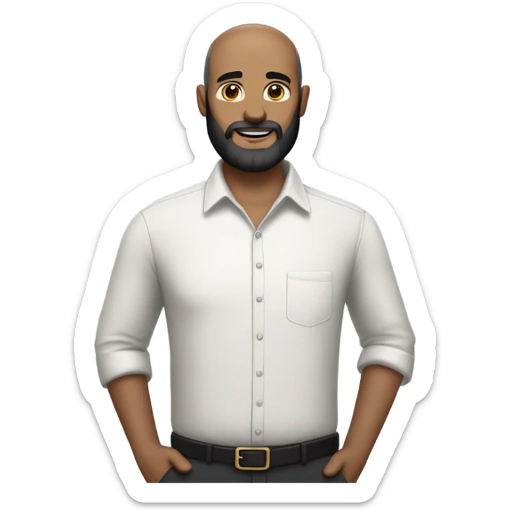 Balding man with black beard, cross on shirt, holding lots of pens  sticker