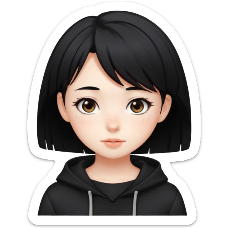 Cute anime girl in dark tones with a blushing face and freckles, with short black hair, and a dark trend style sticker