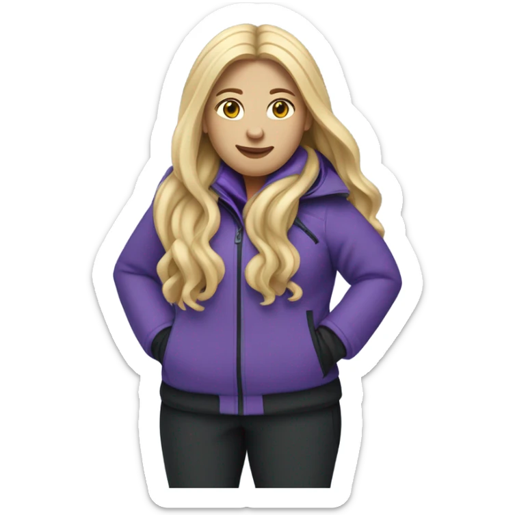 Chubby female long blonde hair skier with purpley-grey jacket and black pants showing whole body in high resolution sticker