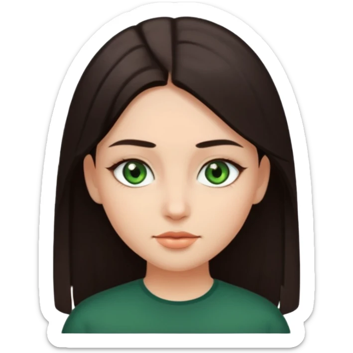 Girl with dark green eyes, light eyebrows and long dark-brown straight hair with oval face sticker