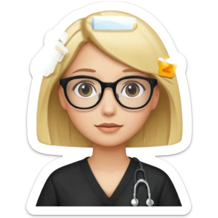 A girl in black scrubs with a blonde bob and glasses sticker