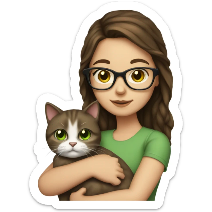 girl with brown hair, green eyes, and square frame glasses holding a cat sticker
