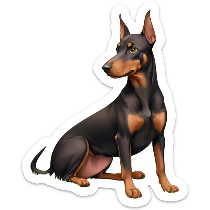 Close-up of a Doberman Pinscher sitting on lush green grass, looking alert and majestic. The background features a beautiful, serene nature view with rolling hills and bright blue skies. The dog’s sleek black and tan coat shines under the sun. Transparent background. sticker
