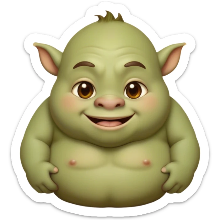 Cinematic Cute Ogre Portrait Emoji, with a surprisingly endearing, plump and huggable figure in soft earthy greens and browns, featuring big, kind eyes and a bashful smile, simplified yet irresistibly adorable, highly detailed with a soft glowing outline that captures the charm of a friendly giant who seems ready for a warm hug! sticker