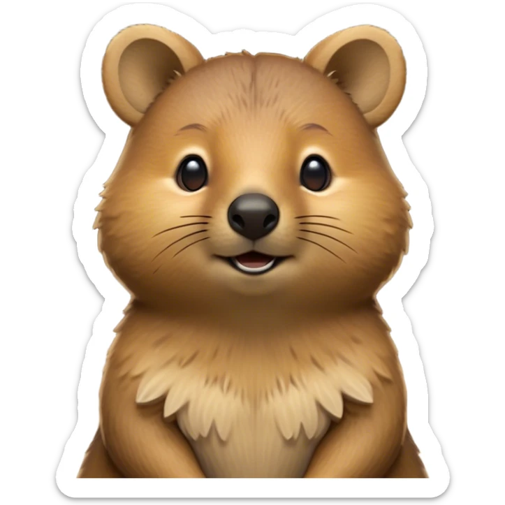 Cinematic Noble Quokka Portrait Emoji, Poised and regal, with a compact, endearing build and a smooth, well-groomed brown fur that glows with a hint of golden warmth, deep-set soulful eyes radiating kindness, Simplified yet sharp and sophisticated features, highly detailed, glowing with a soft, dignified glow, high shine, intelligent and joyful, stylized with an air of marsupial charm, focused and attentive, soft glowing outline, capturing the essence of a watchful and confident quokka, so majestic it feels as though it could bounce out of the screen with effortless authority! sticker