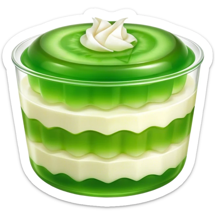 Cinematic Realistic Coconut Pandan Jelly Dessert Emoji, showcasing a delicate, translucent jelly infused with coconut and pandan rendered with lifelike detail and soft, tropical lighting. sticker